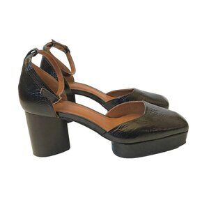COCLICO Black Patent Leather Platform Block Heel Sandals